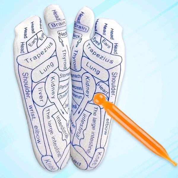 Full Reflexology Acupressure Therapy Socks Set with Dual Foot Zone Map & Acupressure Stick – Reusable Foot Massage Socks for Pain Relief, Relaxation & Body Health Improvement – 1 Set
