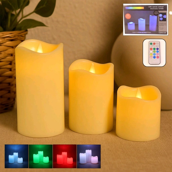 3 Piece LED Flameless Candle Set with Remote Control – Decorative Electronic Candles with Multicolor Light for Home