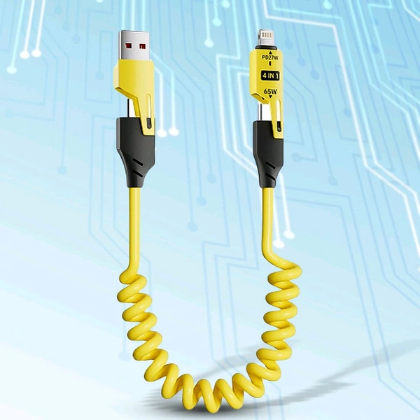 4 in 1 Spring Fast Charging Cable, 65W USB-C Multi Charging Cable for Multiple Devices, Extended Retractable Universal Charging Cable for iPhone Samsung Laptop Charging