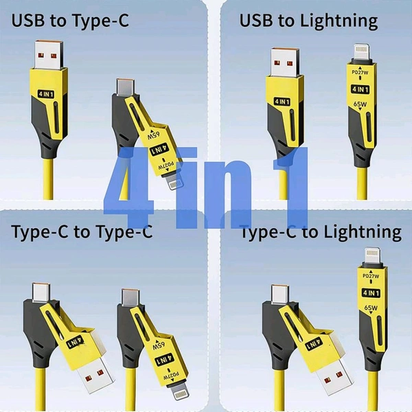 4 in 1 Spring Fast Charging Cable, 65W USB-C Multi Charging Cable for Multiple Devices, Extended Retractable Universal Charging Cable for iPhone Samsung Laptop Charging