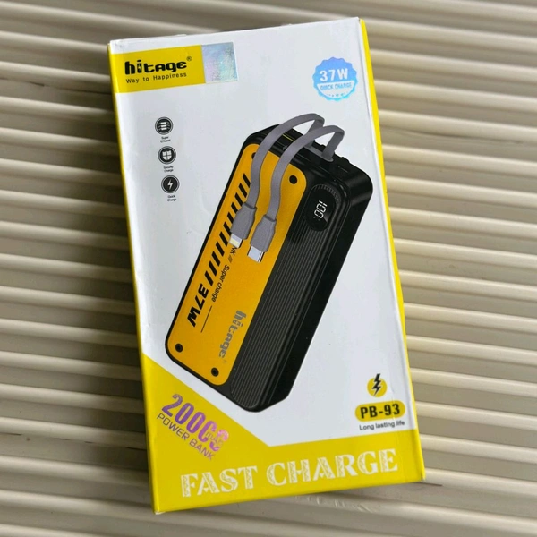 Hitage PB-93 20000mAh Power Bank | 37W Fast Charging | In-Built Cables - 6 Months Brand Warranty, Black