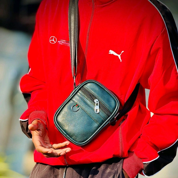 Premium Leather Mini Crossbody Sling Bag for Men | Compact Everyday Travel Pouch - Metallic Green