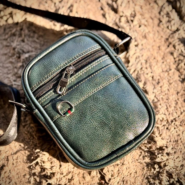 Premium Leather Mini Crossbody Sling Bag for Men | Compact Everyday Travel Pouch - Metallic Green
