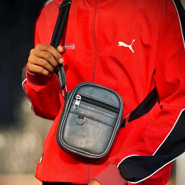 Premium Leather Mini Crossbody Sling Bag for Men | Compact Everyday Travel Pouch - Ash Grey