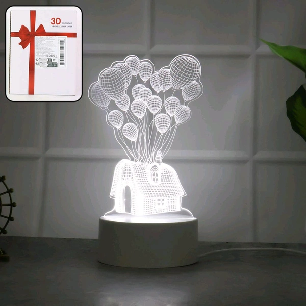 3D Illusion LED Night Lamp with House and Balloons Design – USB Powered Decorative Acrylic Table Light for Bedroom, Living Room, Kids Room, Home Décor, and Gift Item