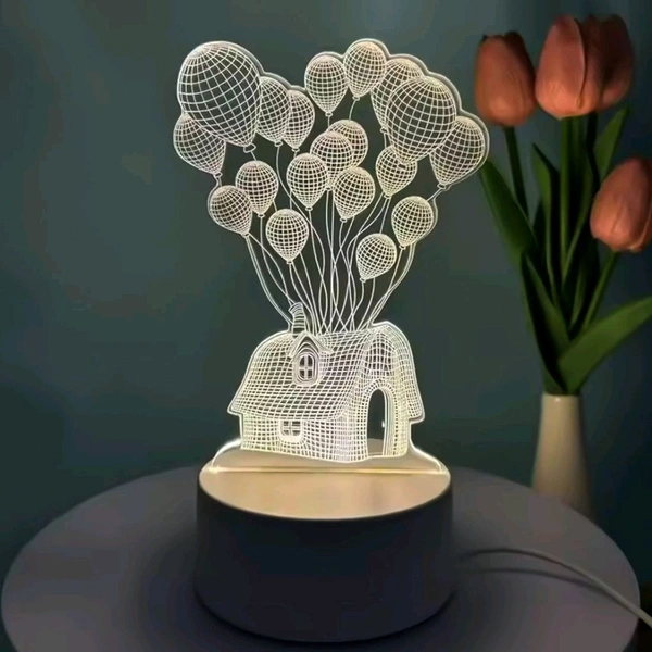 3D Illusion LED Night Lamp with House and Balloons Design – USB Powered Decorative Acrylic Table Light for Bedroom, Living Room, Kids Room, Home Décor, and Gift Item