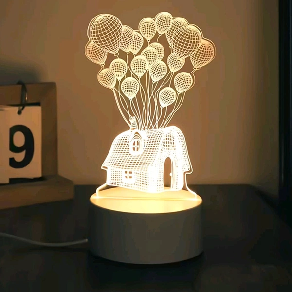 3D Illusion LED Night Lamp with House and Balloons Design – USB Powered Decorative Acrylic Table Light for Bedroom, Living Room, Kids Room, Home Décor, and Gift Item