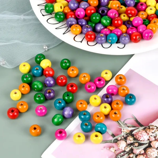 150+ Pcs Colourful Wooden Beads Threading Wooden Beads Round Craft Beads Natural Wooden Beads