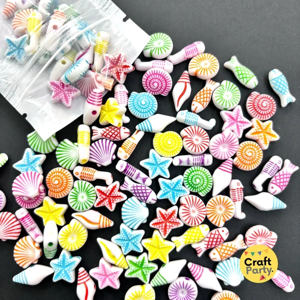 40pcs - Colorful Plastic Shells, Starfish, Fish Beads For Bracelet Making And Decoration