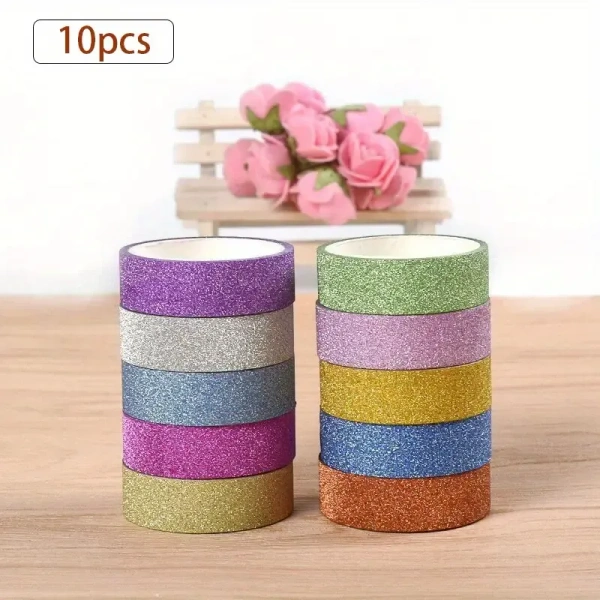 10pcs Decorative Tape,DIY Handmade Paper Tape/Stickers,Golden Powder Glitter Golden Onion Powder Wwisp Tape,Suitable For Scrapbook Gift Packaging Notepad Tools Gift Decoration Lace Decoration Non-Marking Adhesive Tape - Glittery Designs