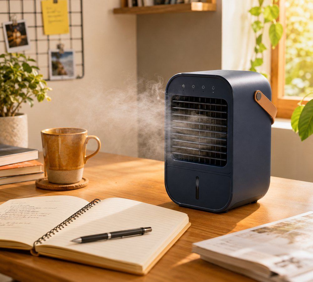 Mini portable air cooler on a study desk