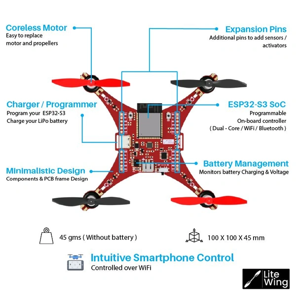 LiteWing - ESP32 based Programmable Drone Development Board with Battery for Makers, Developers and Educators Q20 C2