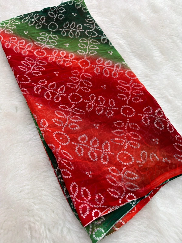Stylish Red Bandhani Gorget Weightless Saree - Green