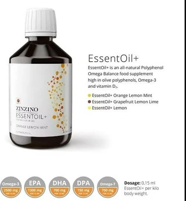 ZinZino ZINZINO ESSENTOIL + , FISH AND OLIVE OIL , ORANGE LEMON MINT (300 ml) NUTRACEUTICALS FOR ADULTS - 300ml, 36 Months