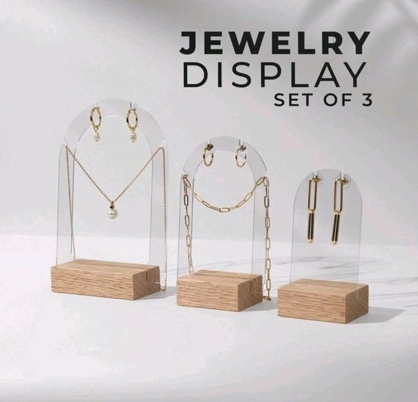 Acrylic Jewelry Display With Pinewood Base - Transparent