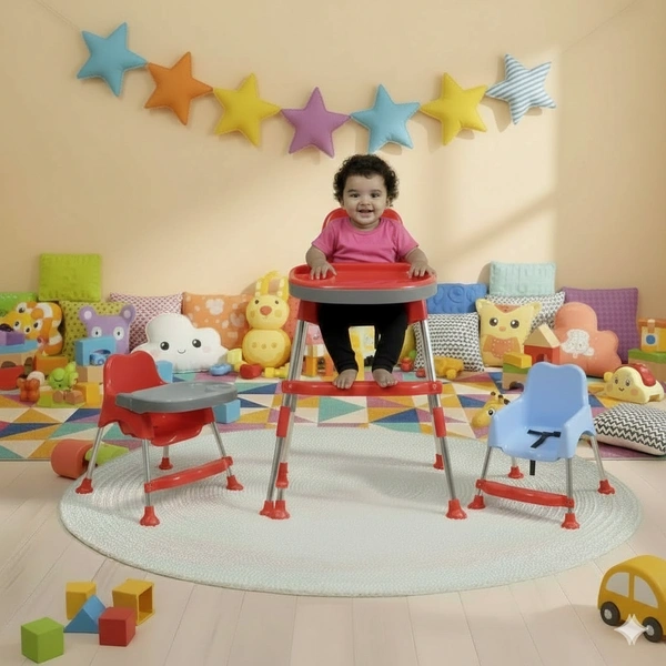 3-in-1 Convertible Baby High Chair with Double Tray & Footrest  Easy-to-Clean Feeding & Study Chair for Babies and Toddlers -Red