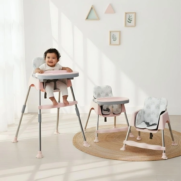 My Giraffee 3-in-1 Convertible Baby High Chair with Safety Belt Double Tray, Footrest & Waterproof Seat | 2-Height Positions, Stainless Steel Frame-Pink - Pink