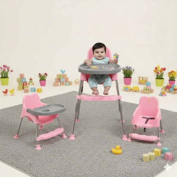 3-in-1 Convertible Baby High Chair with Tray & Footrest Lightweight Feeding Chair & Toddler Seat, Easy-Clean DesignPink-Grey Colour