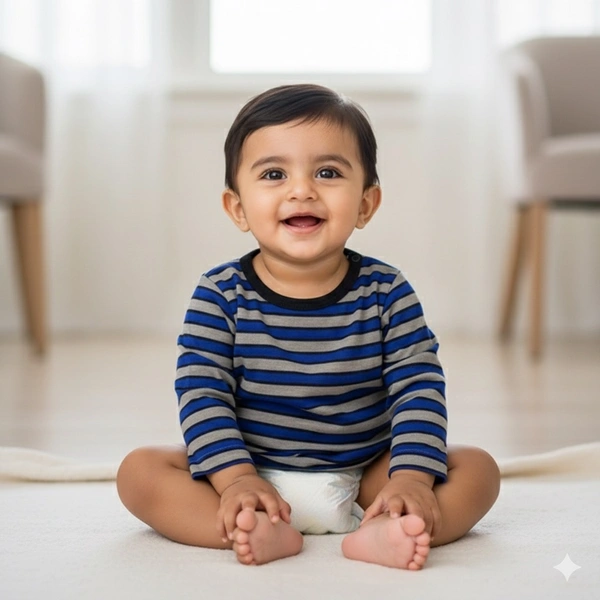Blue & Grey Striped Baby T-Shirt (Full Sleeve) - 0-6 Months