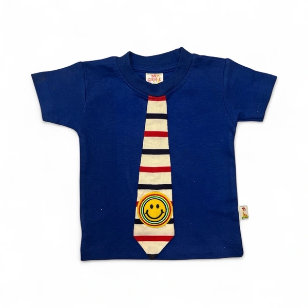 Baby Boys' Blue Striped Tie T-Shirt with Smiley Face Appliqué - 0-6 Months