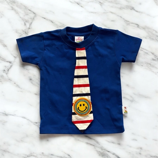 Baby Boys' Blue Striped Tie T-Shirt with Smiley Face Appliqué - 6-12 Months