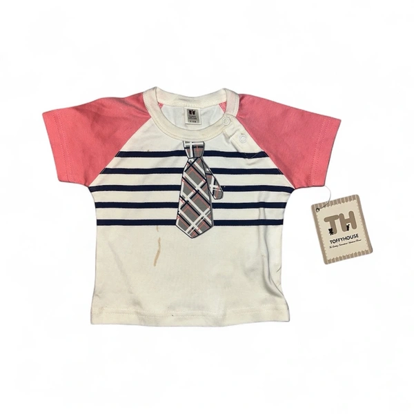 TOFFYHOUSE Raglan Striped Baby Tee with Plaid Tie Appliqué - 0-6 Months