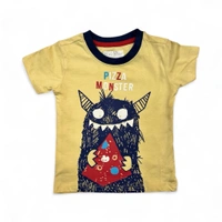 Cute 'Pizza Monster' Graphic Ringer Kids T-Shirt (Pale Yellow) - 6-12 Months