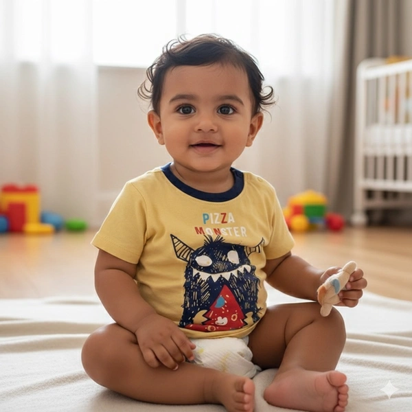 Cute 'Pizza Monster' Graphic Ringer Kids T-Shirt (Pale Yellow) - 6-12 Months