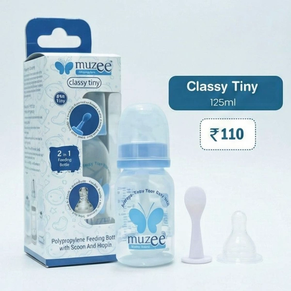 Muzee Classy Tiny 125ml Polypropylene Feeding Bottle with 2-in-1 Spoon & Nipple Attachment - BPA Free - 125ml, white