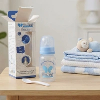 Muzee Classy Tiny 125ml Polypropylene Feeding Bottle with 2-in-1 Spoon & Nipple Attachment - BPA Free - 250ml, Blue