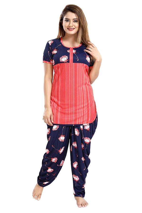 Top and Dhoti Style Bottom Night Suit/Nighty/Nightdress/Night Gown for Women and Girls - L, Red