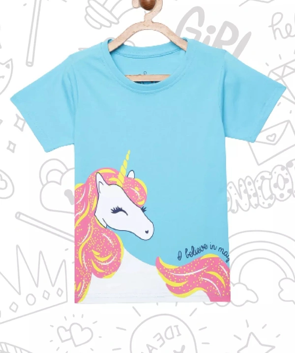 100% Cotton Half Sleeves Graphic Print T-Shirts For Girls-I BELIEVE IN ME - 5-6 Years(26), Sky Blue