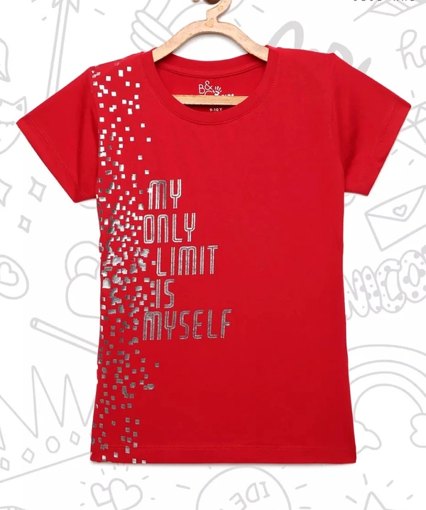 Cotton Half Sleeves Graphic Print T-Shirts For Girls-My Only Limit Is Myself - 11-12 Years(34), Red