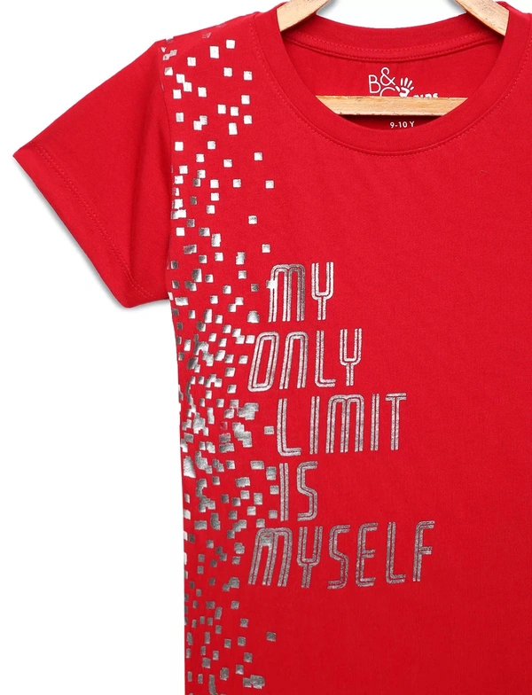 Cotton Half Sleeves Graphic Print T-Shirts For Girls-My Only Limit Is Myself - 11-12 Years(34), Red