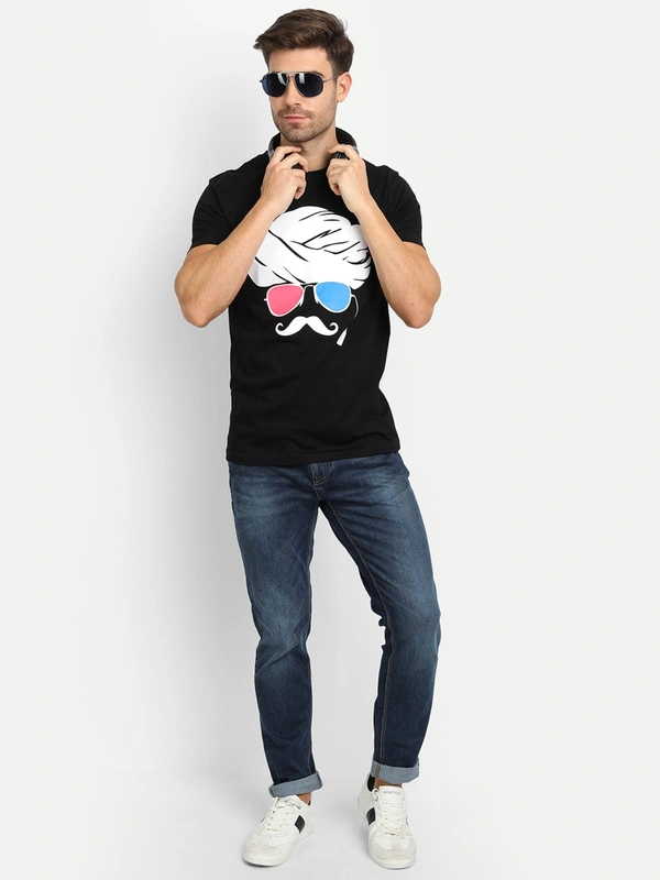 Cotton Round Neck Graphic Print T-Shirt for Men-Moustache - L, Black