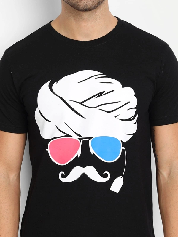 Cotton Round Neck Graphic Print T-Shirt for Men-Moustache - L, Black