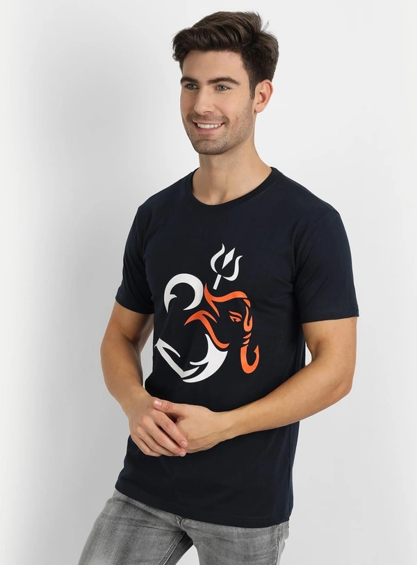 Cotton Half Sleeves Graphic Print T-Shirt for Mens Navy-Om - L, Navy