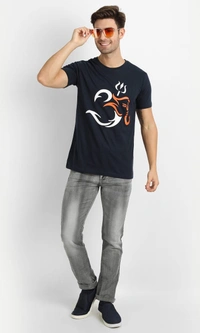 Cotton Half Sleeves Graphic Print T-Shirt for Mens Navy-Om - L, Navy