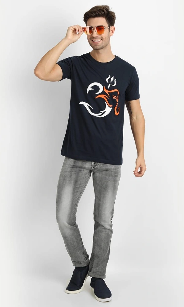 Cotton Half Sleeves Graphic Print T-Shirt for Mens Navy-Om - L, Navy