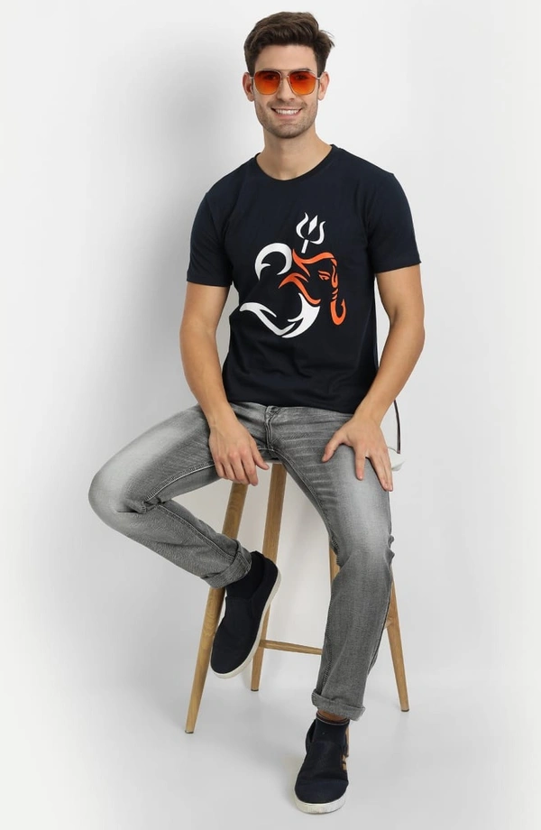 Cotton Half Sleeves Graphic Print T-Shirt for Mens Navy-Om - L, Navy