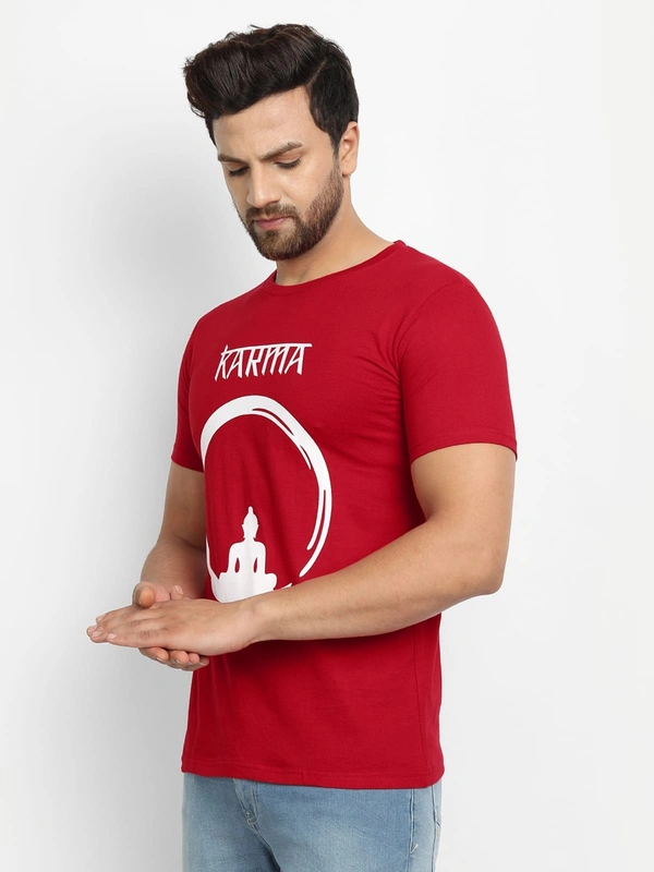 Cotton Half Sleeves Graphic Print T-Shirt for Mens-Karma - L, Red