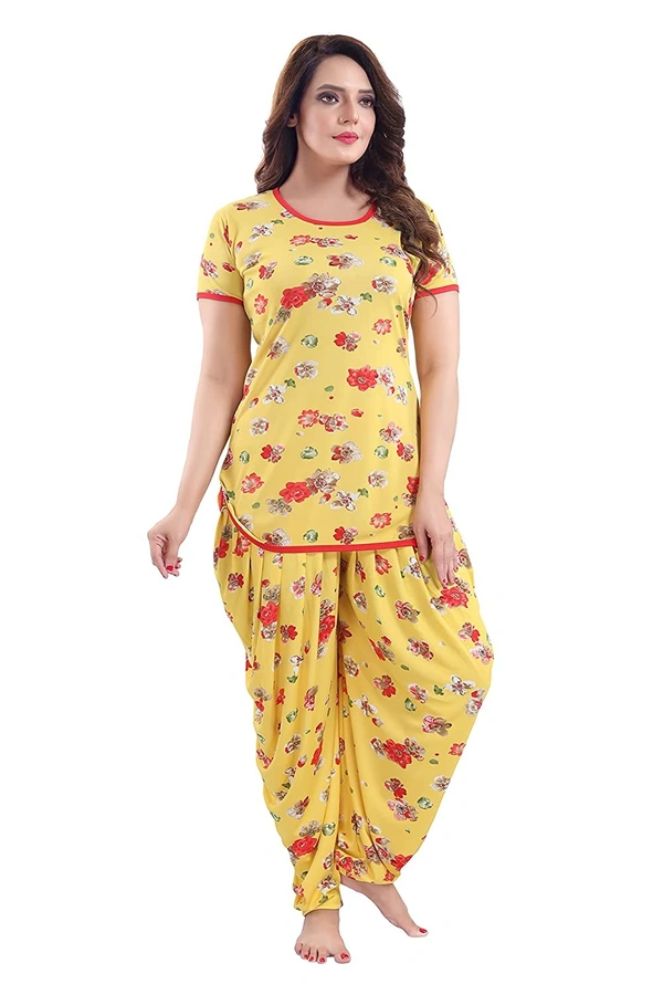 Sarina Half Sleeves Top And Dhoti Style Bottom Night Suit/Nighty/Nightdress/Night Gown For Women-FLOWER - XL, Yellow