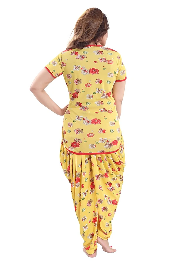 Sarina Half Sleeves Top And Dhoti Style Bottom Night Suit/Nighty/Nightdress/Night Gown For Women-FLOWER - XL, Yellow