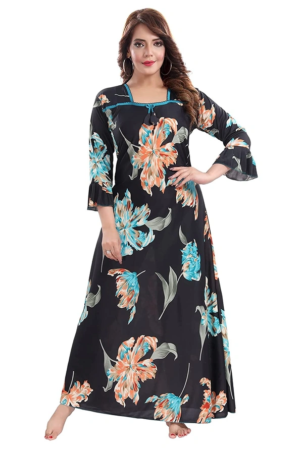 Sarina Square Neck Floral Beautiful Print Full-Flare 3/4 Sleeve Night Gown Nighty/ Night Gown/Nightwear-SKY BLUE - XL, Blue