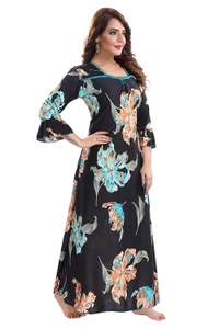 Sarina Square Neck Floral Beautiful Print Full-Flare 3/4 Sleeve Night Gown Nighty/ Night Gown/Nightwear-SKY BLUE - XL, Blue