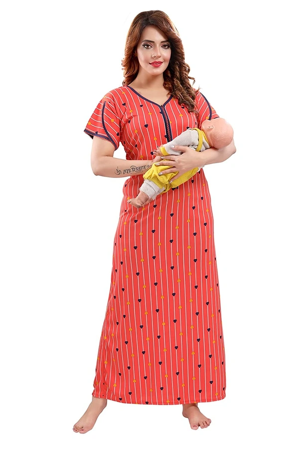 Sarina V Neck Floral Print Nighty / Nightgown With 13" Long Zip Multipurpose Feeding/ Maternity/Nursing Nighty - XL, Orange