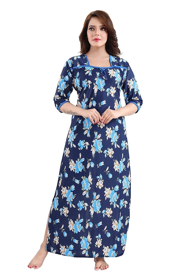 Sarina Square Neck Floral Girl's Print Soft And Silky Full Length Nighty I Nightdress I Nightwear - XL, Navy Blue
