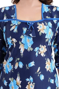Sarina Square Neck Floral Girl's Print Soft And Silky Full Length Nighty I Nightdress I Nightwear - XL, Navy Blue