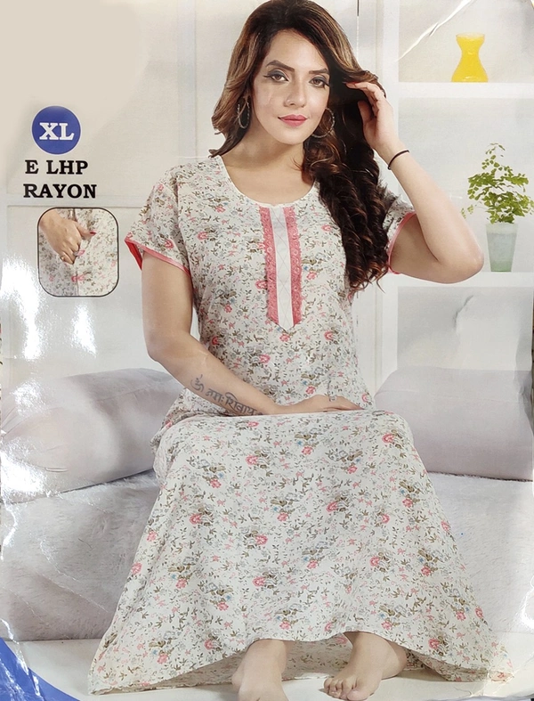 Premium Quality Rayon Round Neck Printed Straight Cut Night Gown For Women - XL, Pink
