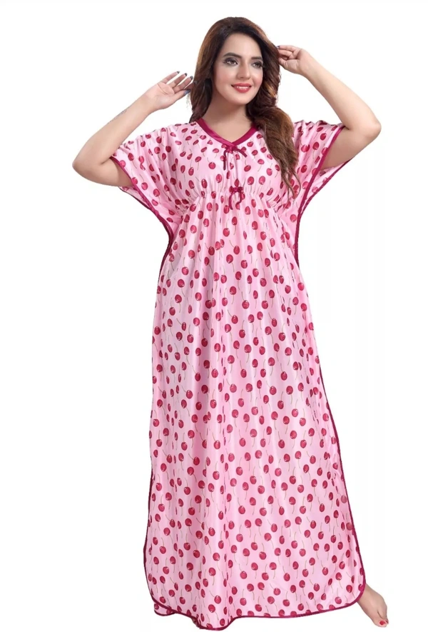 Premium Quality Satin V Neck Printed Kaftan Night Gown For Women - XL, Pink